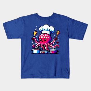 Pixel Art Chef Octopus - Vintage-Style Culinary Gaming Design Kids T-Shirt